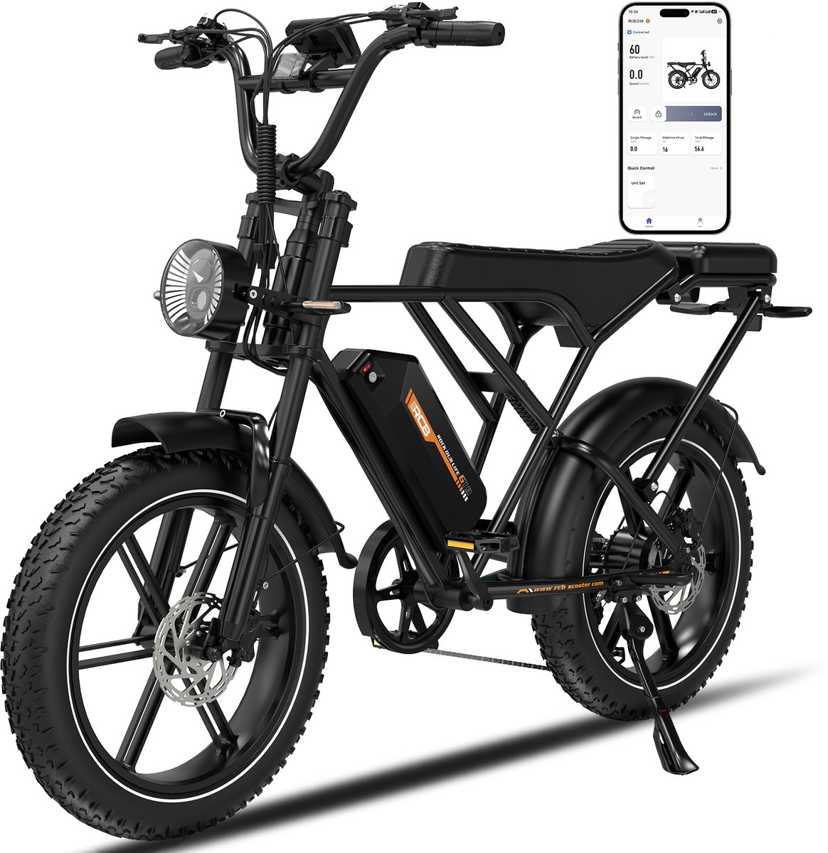 RCB Elektrische fatbike - 48V 20.8Ah Mountainbike - Actieradius 100km - 25km/u - 250W motor - 7 versnellingen - met App en NFC -Zwart (8721161929307)