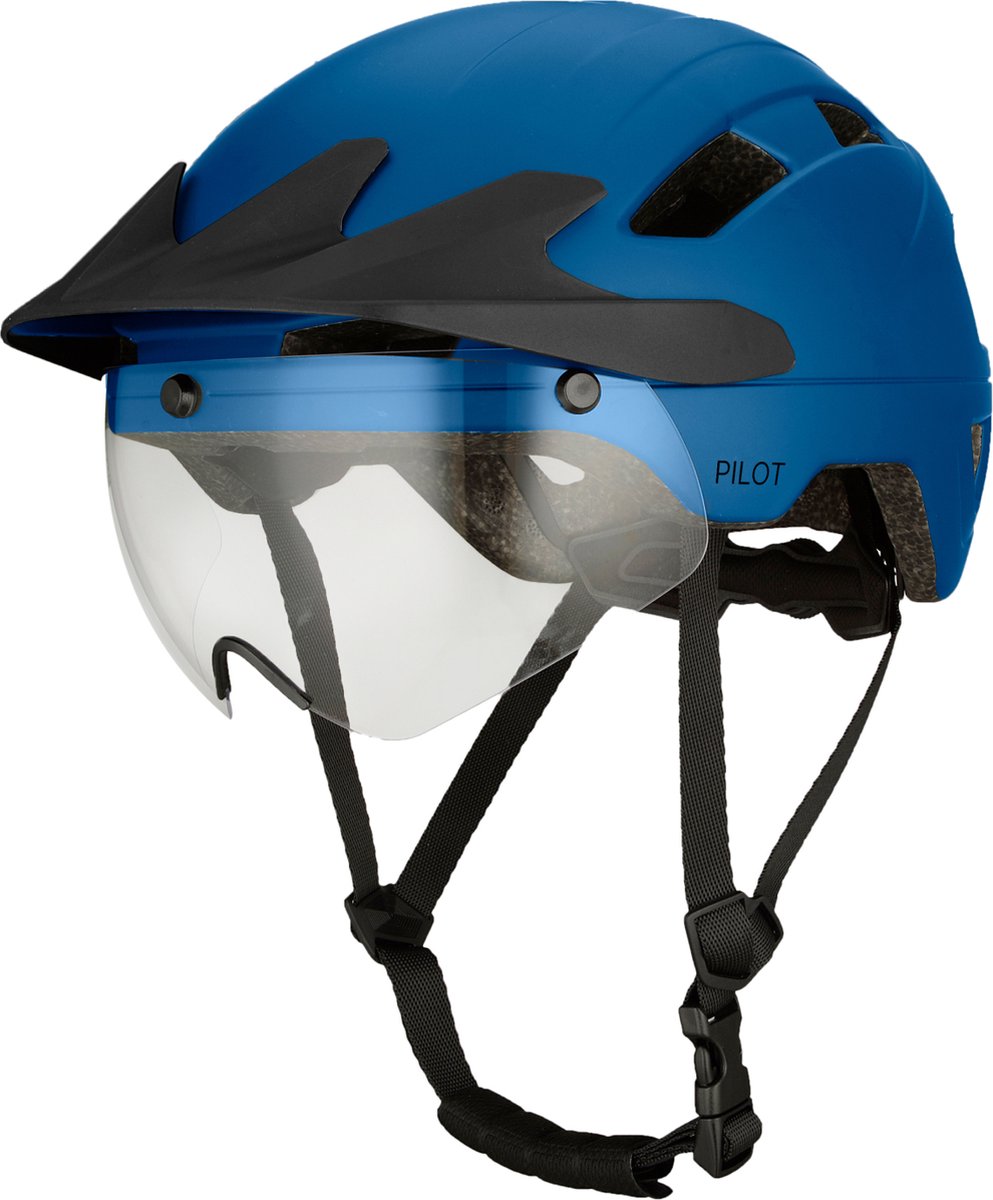 GOOFF® Pilot 4-in-1 Snorfiets Helm met Verlichting en Vizier - Speed Pedelec Fietshelm voor Volwassenen - NTA 8776 - Snorscooter Helm met LED Licht - Goedgekeurd voor Blauw Kenteken en E Bike - Dames en Heren - L - Blauw (8721042870827)