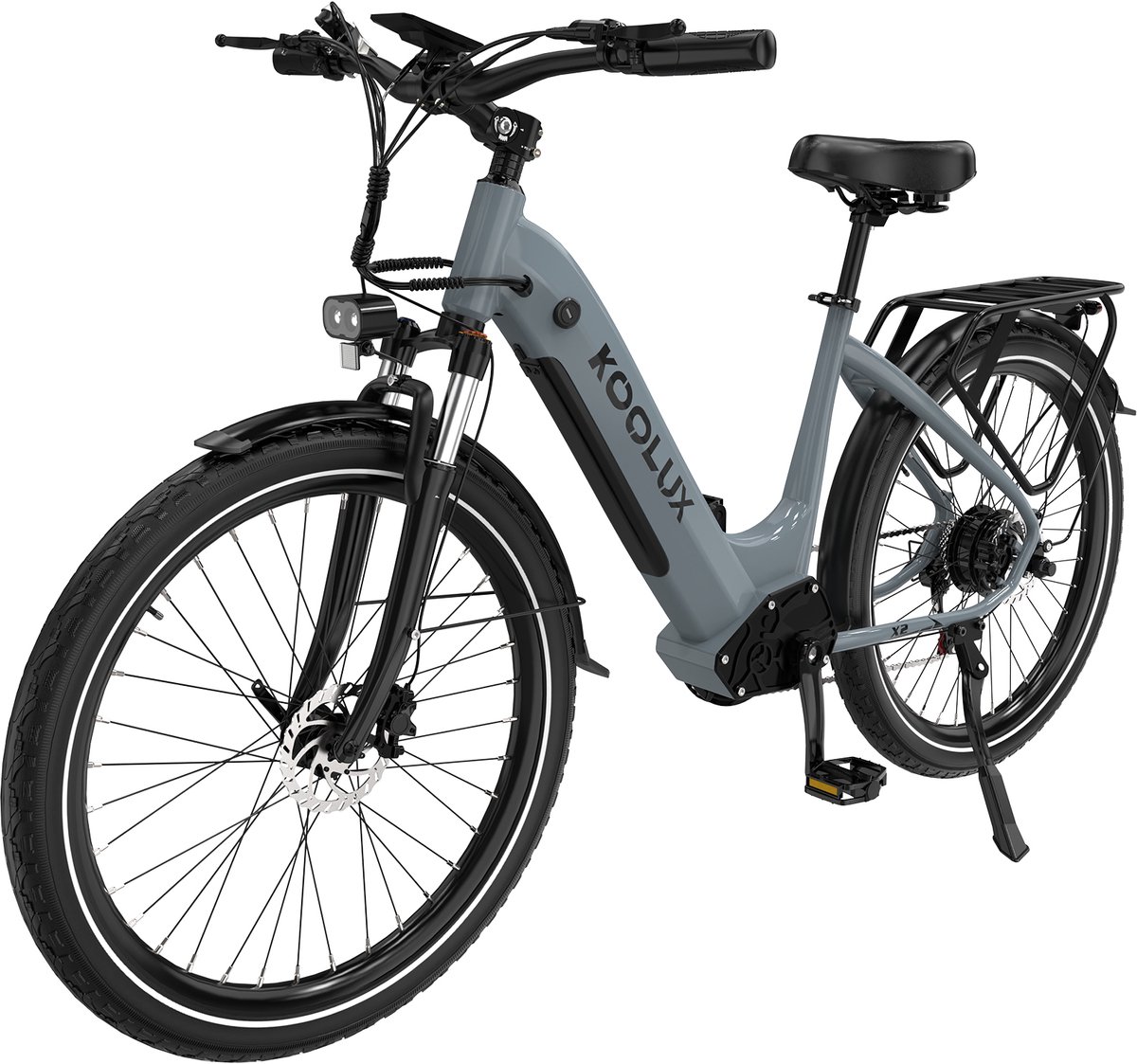 KOOLUX | X2 Elektrische Fiets | E-Bike | 26 x 1,95 In ch Banden | 48V 15Ah Lithium Accu | 250W Motor | Maximaal 25km/u | Maximaal bereik 80km | Hydraulische remmen | 7-speed versnelling | LCD Scherm | Aluminium Frame | Grijs (8718883231641)