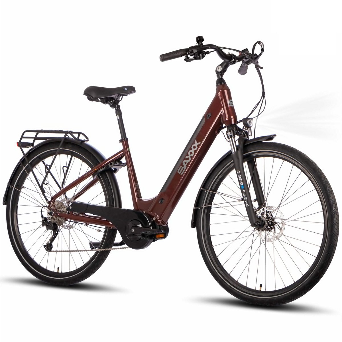 SAXXX Elektrische Fiets Deluxe Sport - 418Wh Verwijderbare Accu - 100 km Actieradius - Middenmotor 250W - 28 Inch Wielen - Shimano Alivio 9 Versnellingen - Hydraulische Schijfremmen - Aluminium Frame - Elektrische Stadsfiets - Bordeauxrood (4255698801743)