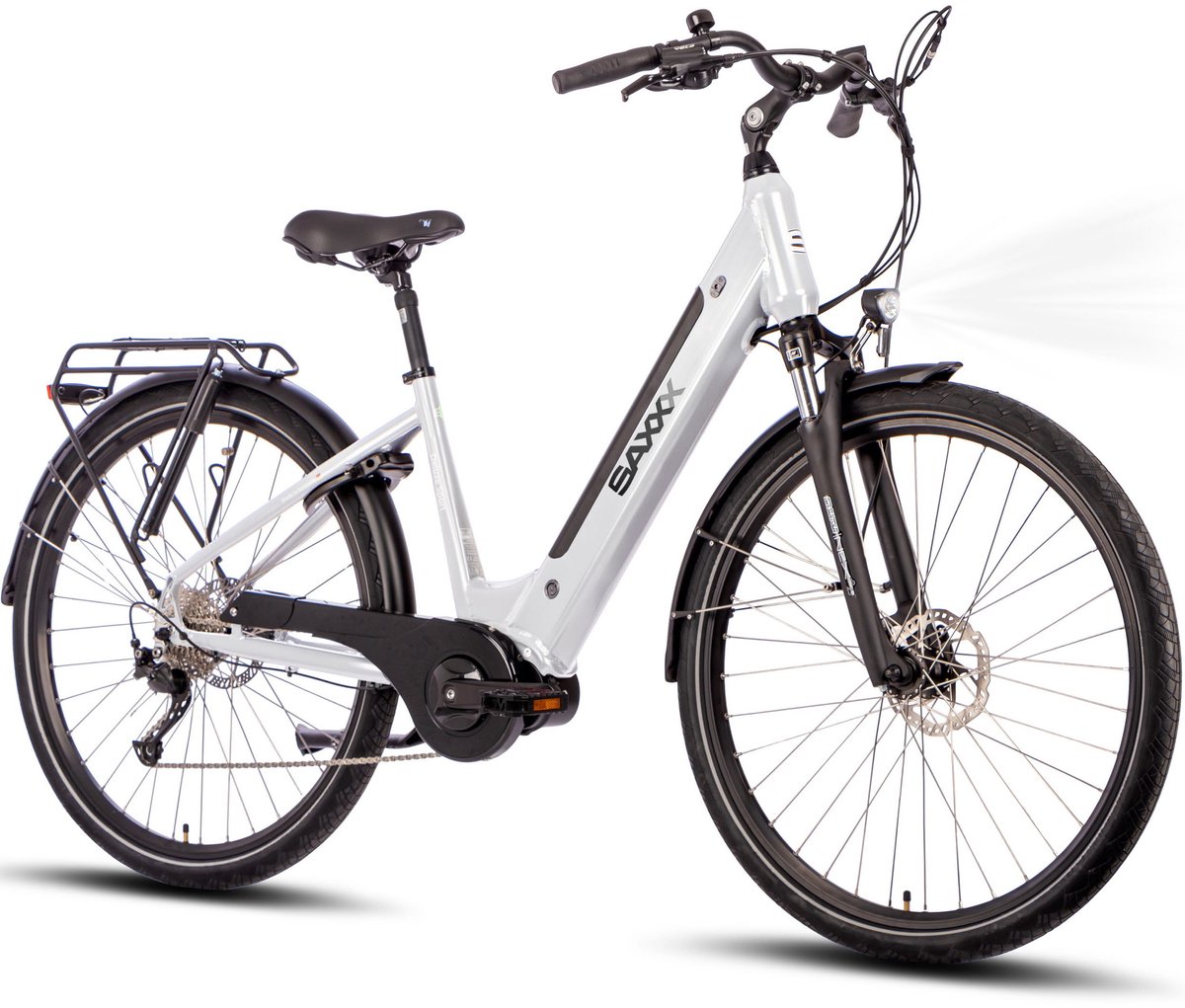 SAXXX Elektrische Fiets Deluxe Sport - 418Wh Verwijderbare Accu - 100 km Actieradius - Middenmotor 250W - 28 Inch Wielen - Shimano Alivio 9 Versnellingen - Hydraulische Schijfremmen - Aluminium Frame - Elektrische Stadsfiets - Wit (4255698801767)