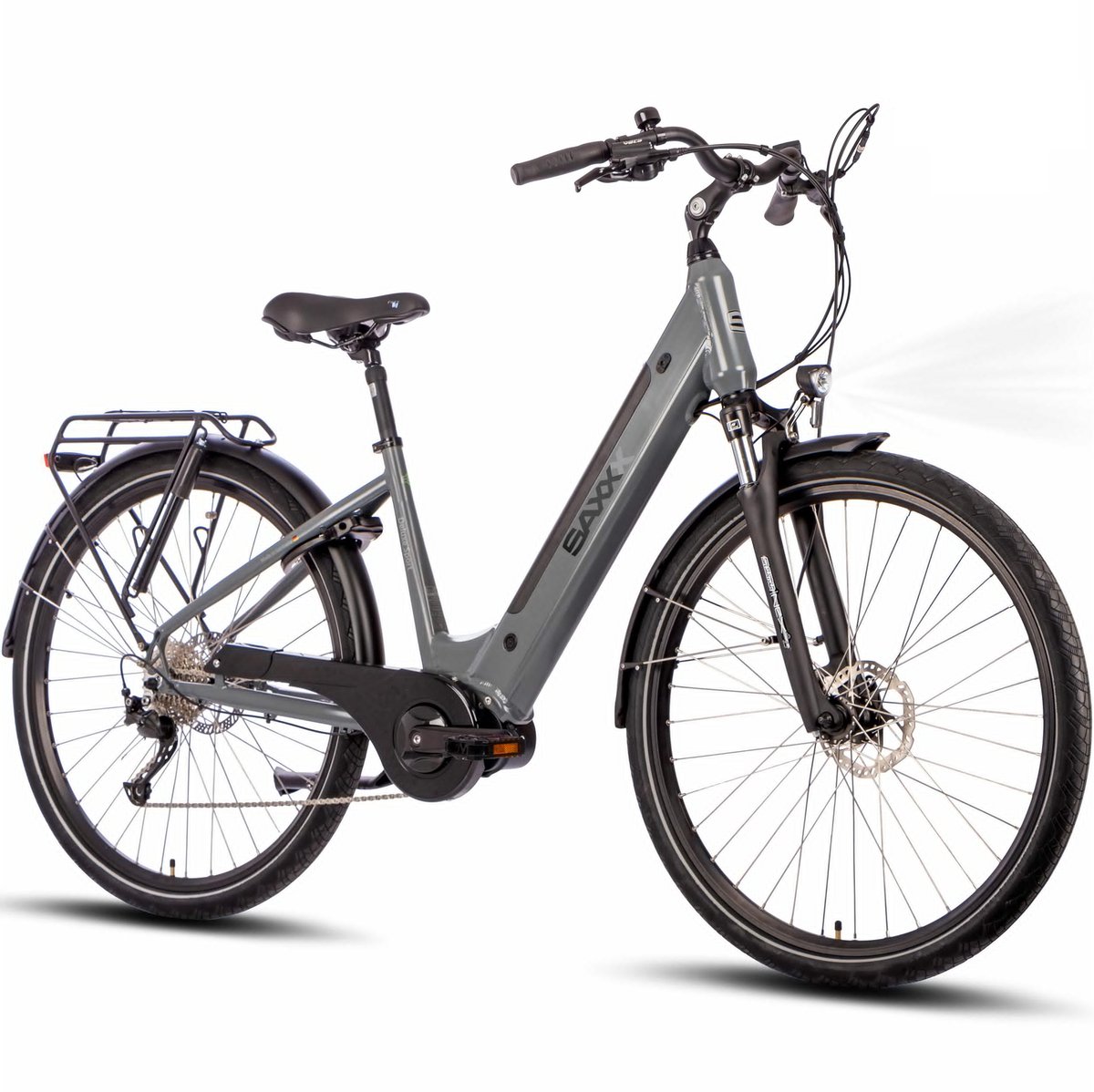 SAXXX Elektrische Fiets Deluxe Sport - 418Wh Verwijderbare Accu - 100 km Actieradius - Middenmotor 250W - 28 Inch Wielen - Shimano Alivio 9 Versnellingen - Hydraulische Schijfremmen - Aluminium Frame - Elektrische Stadsfiets - Grijs (4255698801729)
