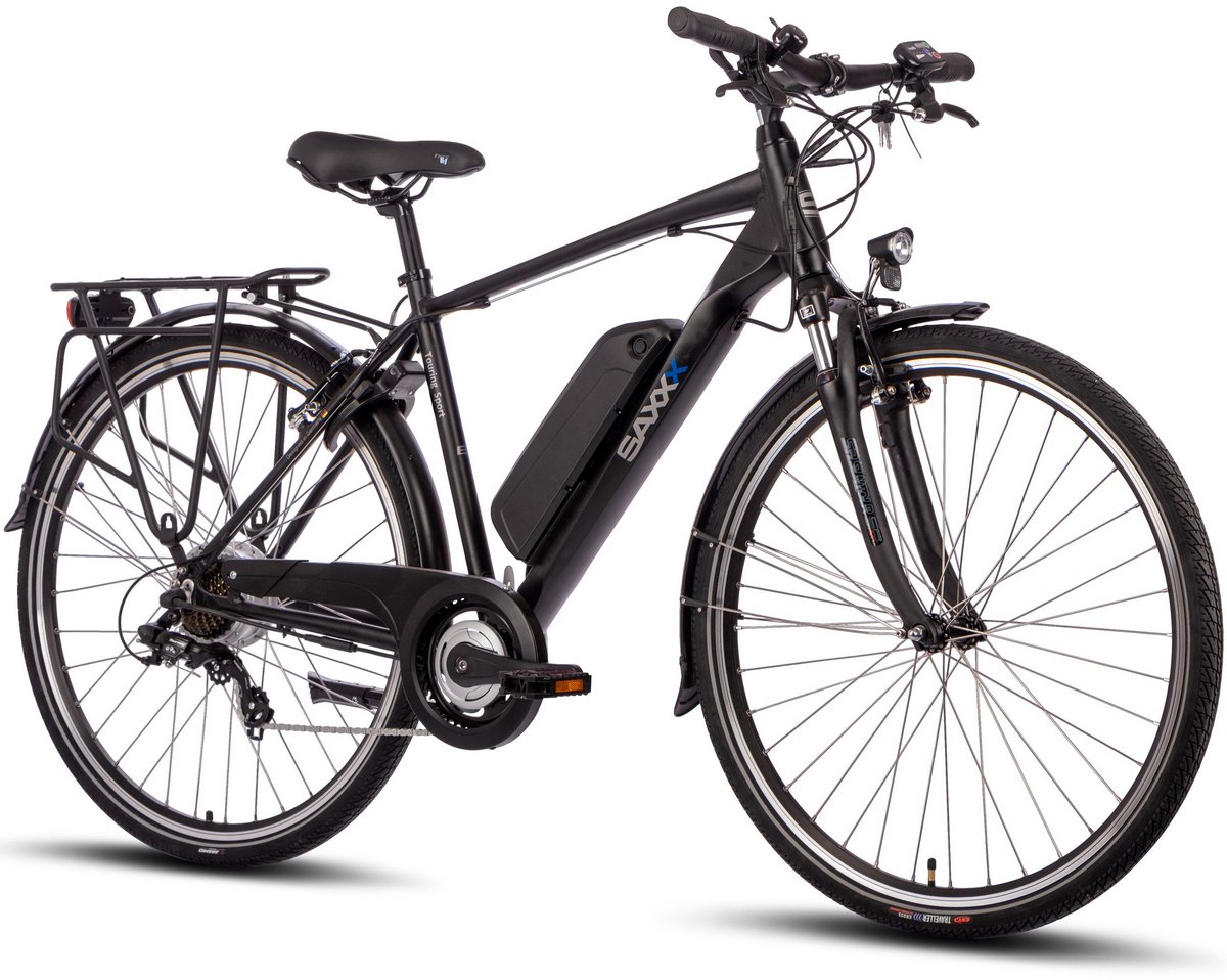 SAXXX Elektrische Fiets Touring Sport - 374Wh Verwijderbare Accu - 100 km Actieradius - Shimano Tourney 7-speed - Achterwielmotor 250W - 28 Inch Wielen - Promax V-brakes - diamantframe - met verlichting, bagagedrager- Elektrische Stadsfiets - Zwart (4260416582736)
