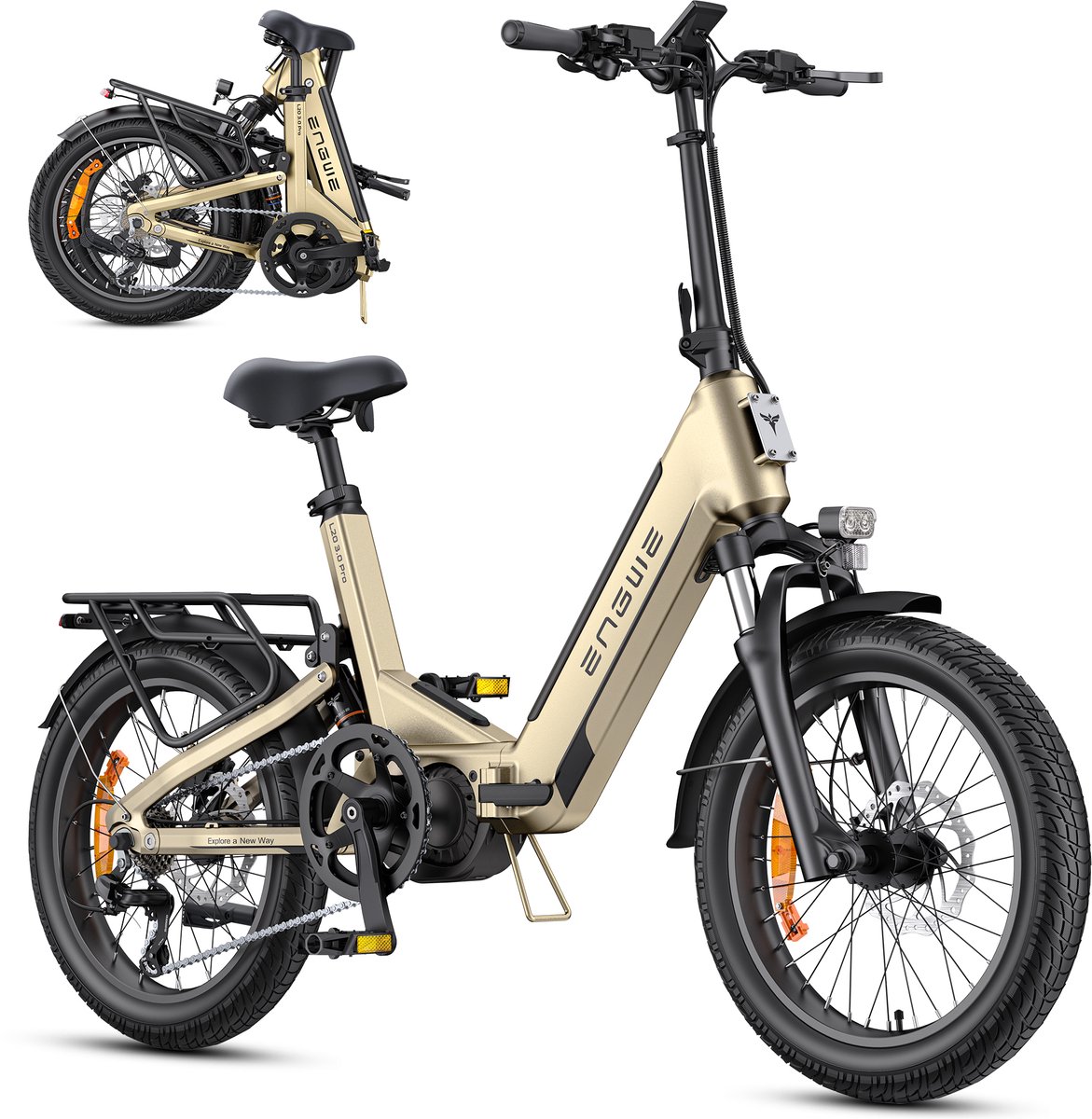 ENGWE L20 3.0 Pro Elektrische fiets - Actieradius 150km - Verwijderbare batterij 48V15Ah - Motor 250W - Shimano 7 versnellingen - Hydraulische schijfremmen - 20 Inch Commuter E-Bike - Fatbike - Goud (0765026513599)