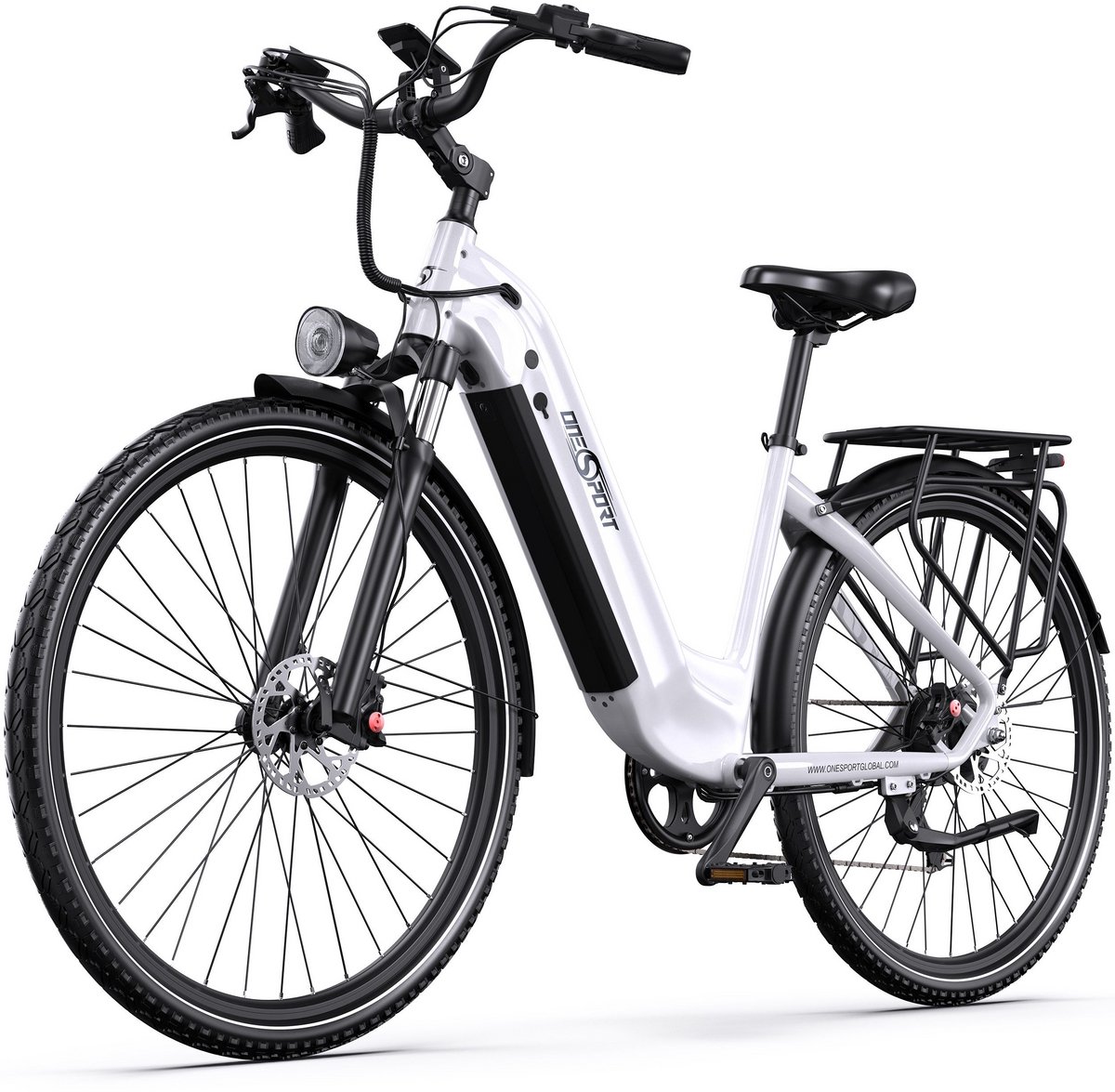 Elektrische Fiets ONESPORT OT05PRO - 810Wh Accu - 140 km Actieradius - 28 Inch Wielen - Shimano 7 Versnellingen - Hydraulische Schijfremmen - Aluminium Frame - LCD Display & APP - Elektrische Stadsfiets - Wit (0717931601441)