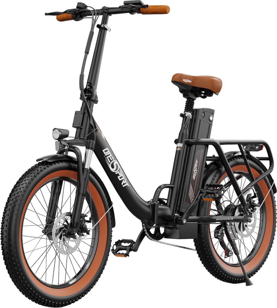 ONESPORT OT16 elektrische fiets 20*3.0 inch banden, 48V 17Ah accu 25km/h max snelheid 3 rijmodi 7 versnellingen schijfremmen - zwart & bruin (6975606877384)