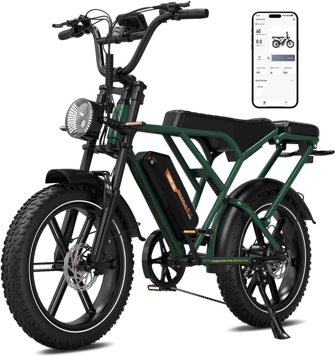 RCB Elektrische fatbike - 48V 20.8Ah Mountainbike - Actieradius 100km - 25km/u - 250W motor - 7 versnellingen - met App en NFC -donkergroen (8721161929215)