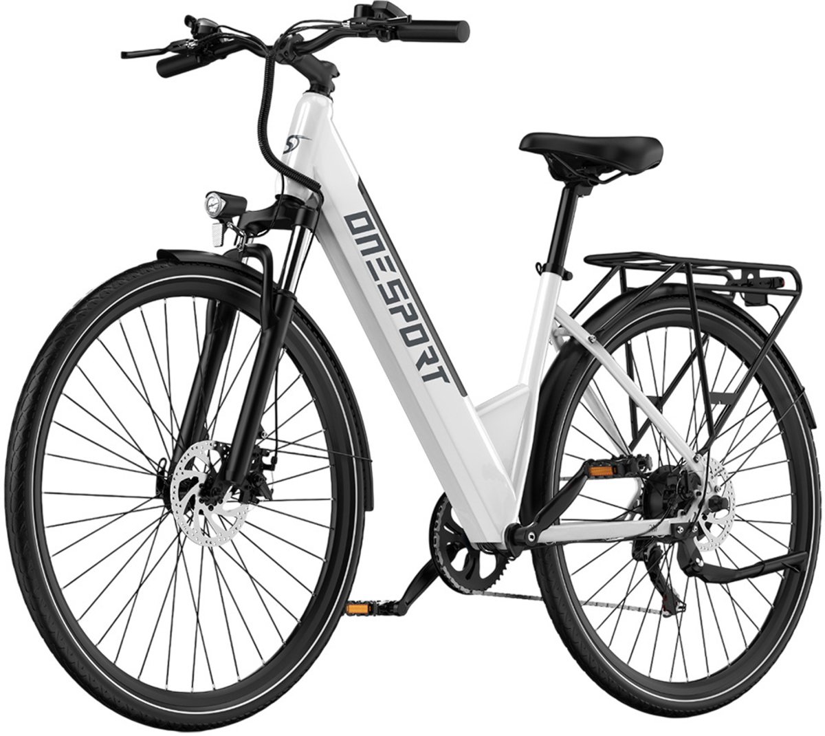 ONESPORT OT12 elektrische fiets, 250 W motor, 36 V 13 Ah accu, 27,5 inch banden, maximale snelheid 25 km/u, actieradius 65 km, mechanische schijfremmen voor en achter, voorvork met vering, Shimano 7 versnellingen - wit (8581684662354)