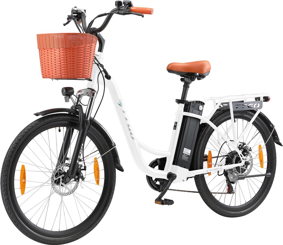 Elektrische Fiets TTGO YY-26ST Wit- 522Wh/15Ah Accu - 75 km Bereik - 250W Motor - Instap Frame - 26 Inch Wielen -Verende voorvork- Shimano 6 Versnellingen - LCD Display - Stadsfiets voor Dames en Heren (9344418675551)