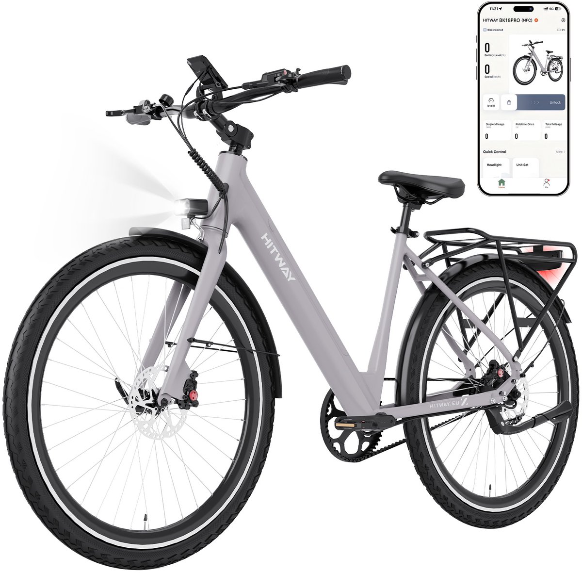 Hitway Elektrische Fiets BK18 Pro - Trendy 28 Inch City Commuter EBike met Afneembare 36V 10.4Ah Lithium Batterij - Mountain E-Bike met 250W Motor - APP Bediening - IP54 Waterdicht (8721082807258)