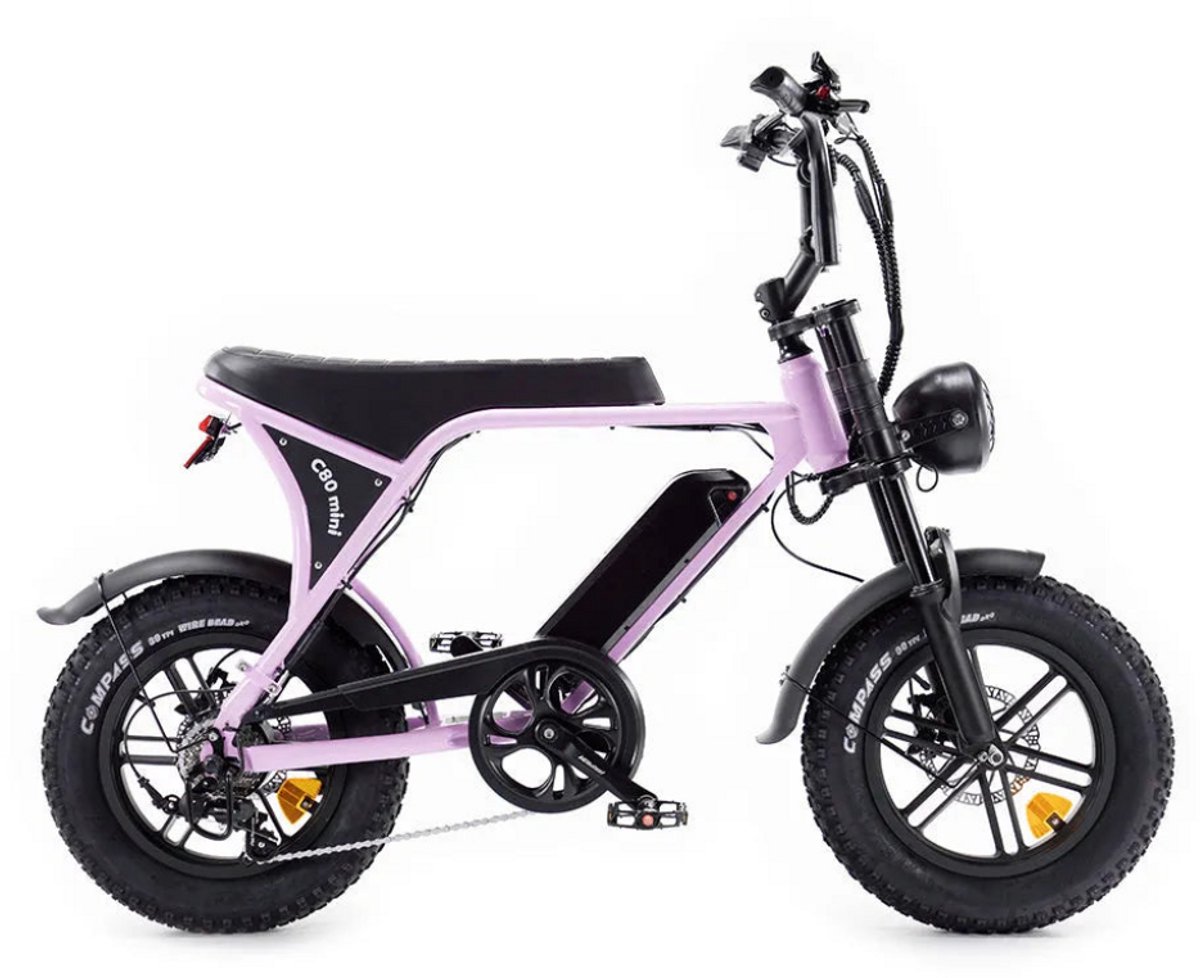 OUXI C80 Mini Elektrische Fatbike - Ingebouwd Alarmsysteem - Inclusief Voetsteuntjes - 16 Inch - 250W Motor - 7 Versnellingen - 50 km Actieradius - Mechanische Schijfremmen - Roze (6152301167167)
