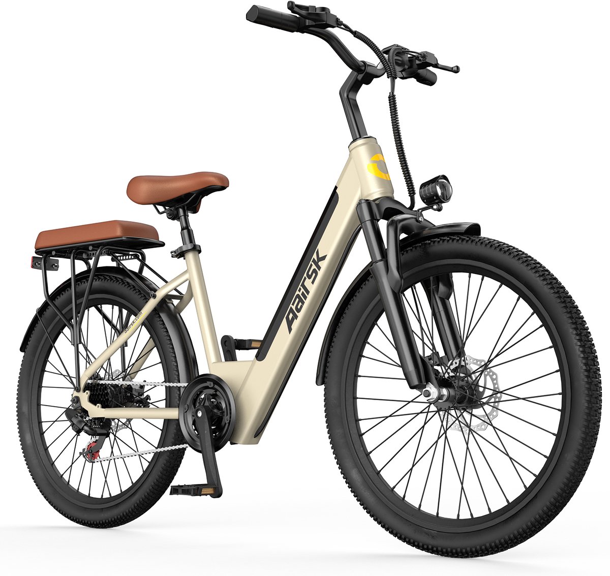 Aairsk Elektrische Fiets 26 Inch -EU-normen 250W(Actieradius 75km) - 36V 13Ah Accu - Trapondersteuning tot 25 km/u - Shimano 7 Versnellingen - NFC Startfunctie - Gebroken wit Kleur (6978283813003)