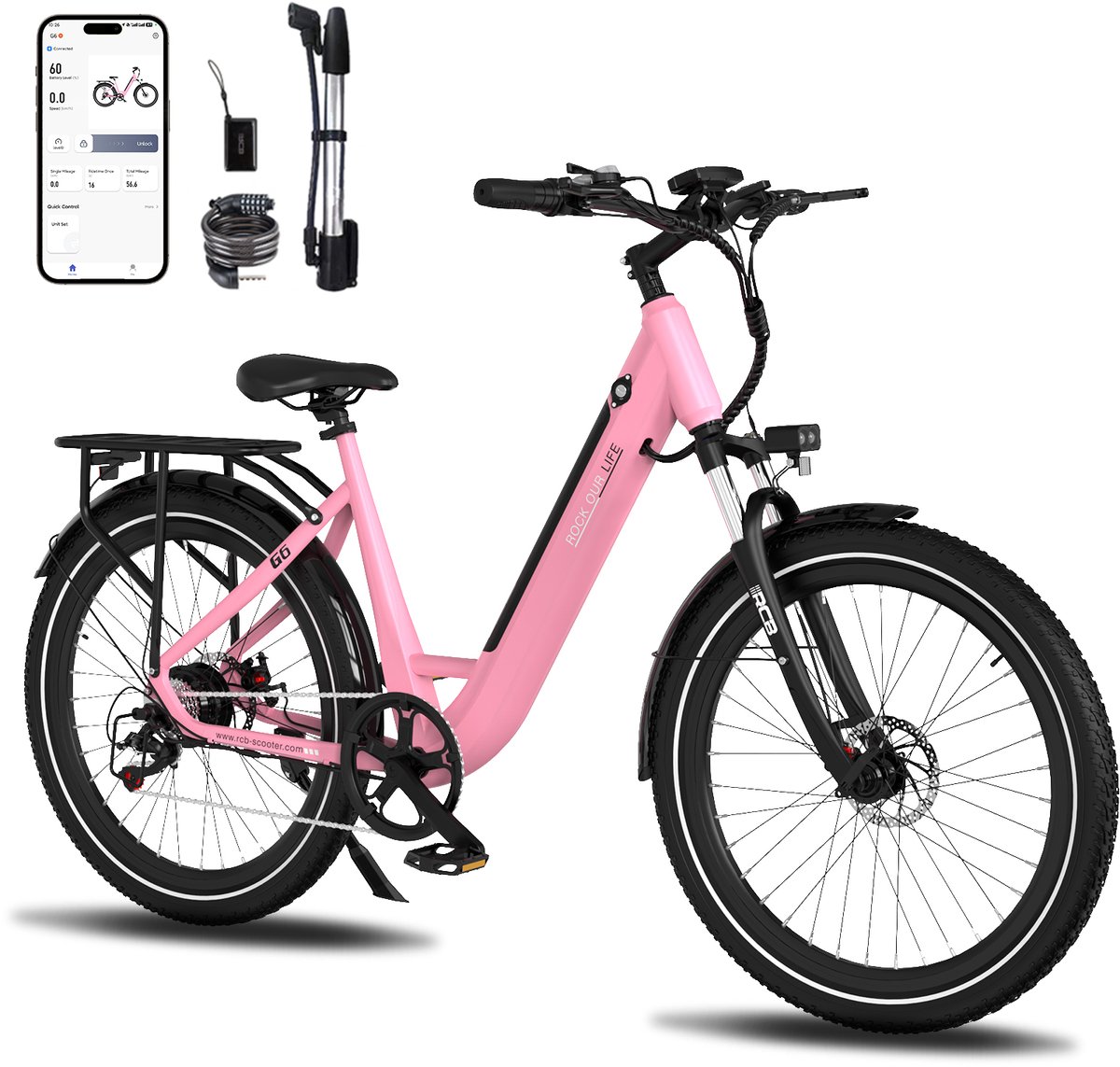 RCB G6 Elektrische Fiets - 27.5 Inch - 250W - 36V 13Ah -7 versnellingen- met App en NFC -roze (8711551990192)