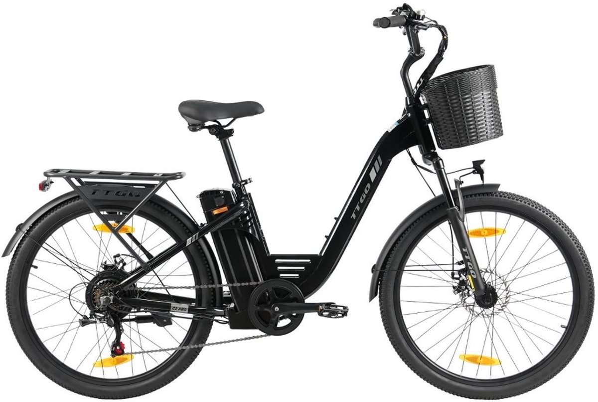 26-inch Elektrische Fiets - Motor 250W - 36 V 18 Ah accu - elektrische stadsfiets en e-Dutch bike met - Aluminium frame - maximaal bereik 120 km - Shimano 7 versnellingen - LCD-display -Waterdicht -Zwart (0953726430449)