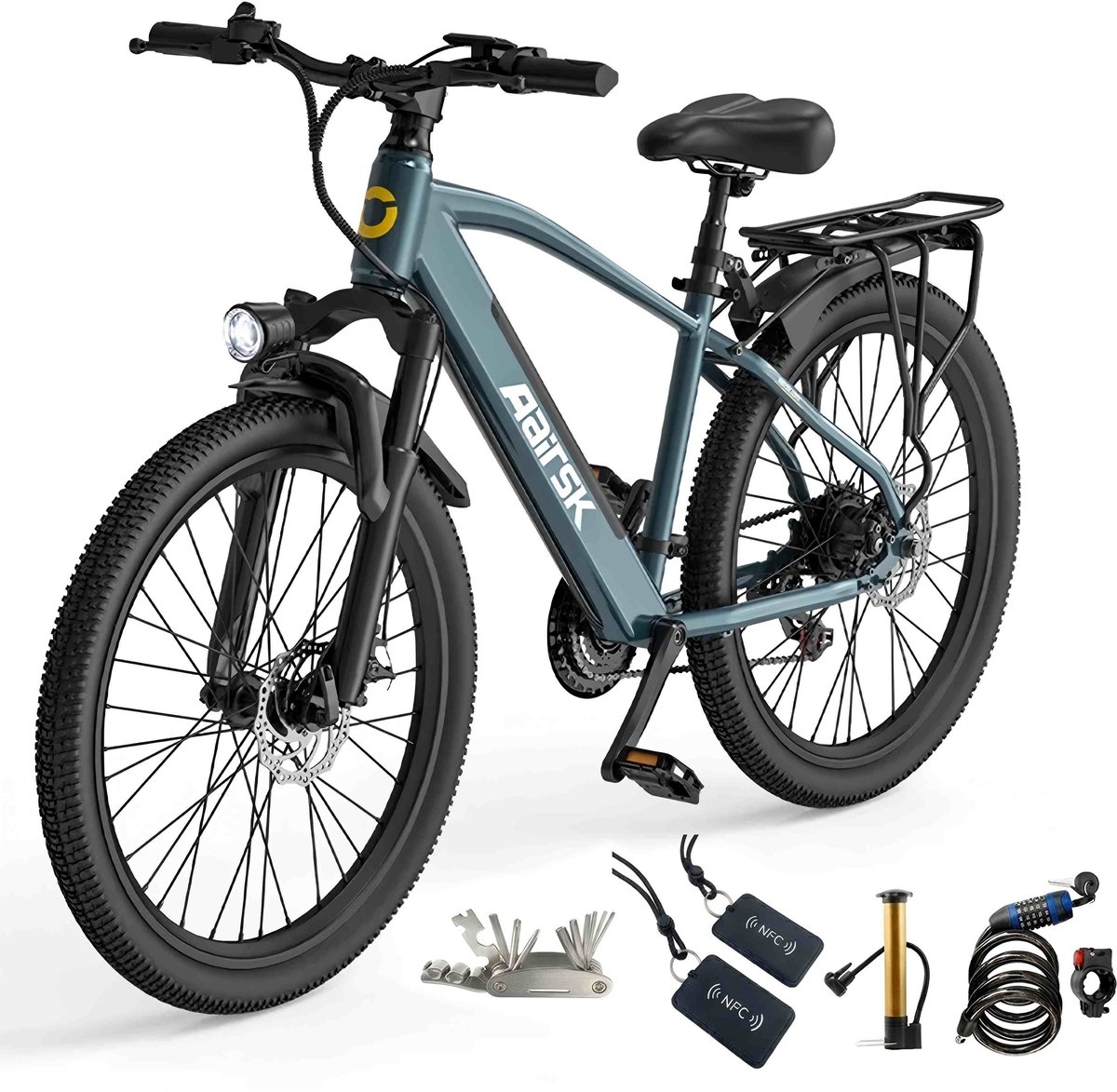 Aairsk Elektrische Mountainbike&Stadsfiets voor Buitenritten - 36V 13Ah Accu, 250W Motor, 26 Inch Banden, All-Terrain, met Aanhangerzitje, NFC Sleutelloos Systeem & Professionele Shimano 7 Configuratie, Het maximale bereik is 100 km. (8712111319163)