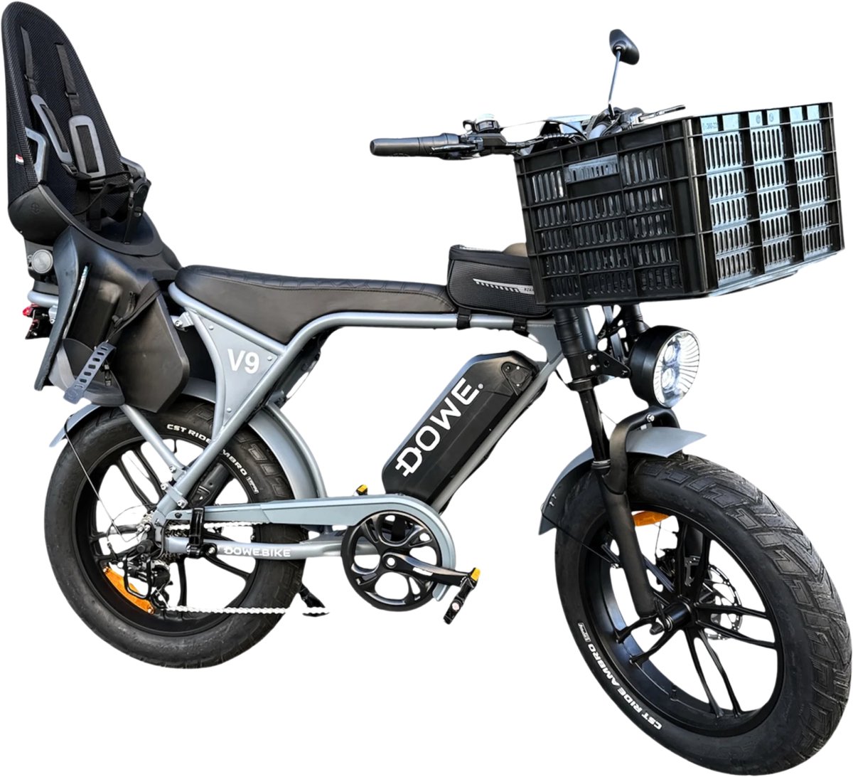 Elektrische Fatbike met Kinderzitje + Krat - Dowe V9 Nardo Grijs - 17.5Ah Accu - 250W - 25Kmh - Family fatbike - 100% Legaal (8721082962353)