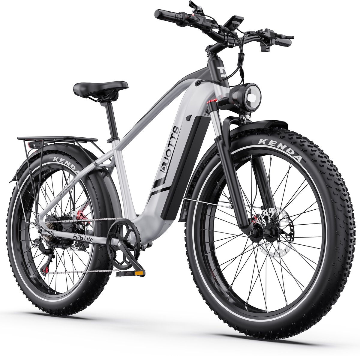 Elektrische Fiets DUOTTS F26-Lite - 864Wh/18 Ah Accu - 100 km Bereik - 250W Motor - 26x4 Inch Banden - Shimano 7 Versnellingen - Aluminium Frame - Inclusief Bagagedrager - Elektrische Mountainbike - zilver (0717931604916)