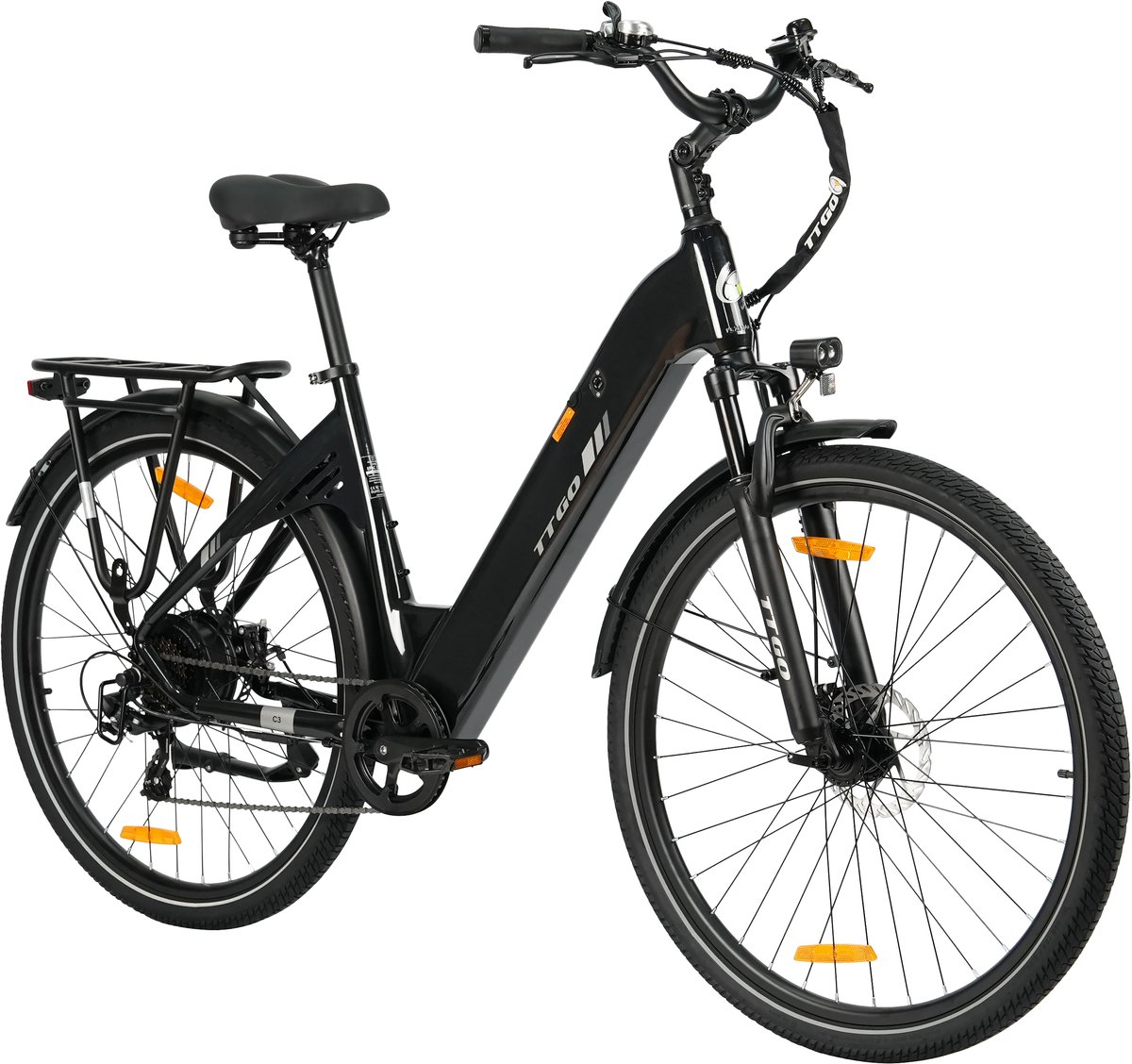 Elektrische Stadsfiets TTGO C3 SE - 250W Motor - 36V 18Ah Accu - 28 Inch - Bereik tot 120km - Shimano 7-Snelheden - Max 25km/u - Zwart (9331522116117)