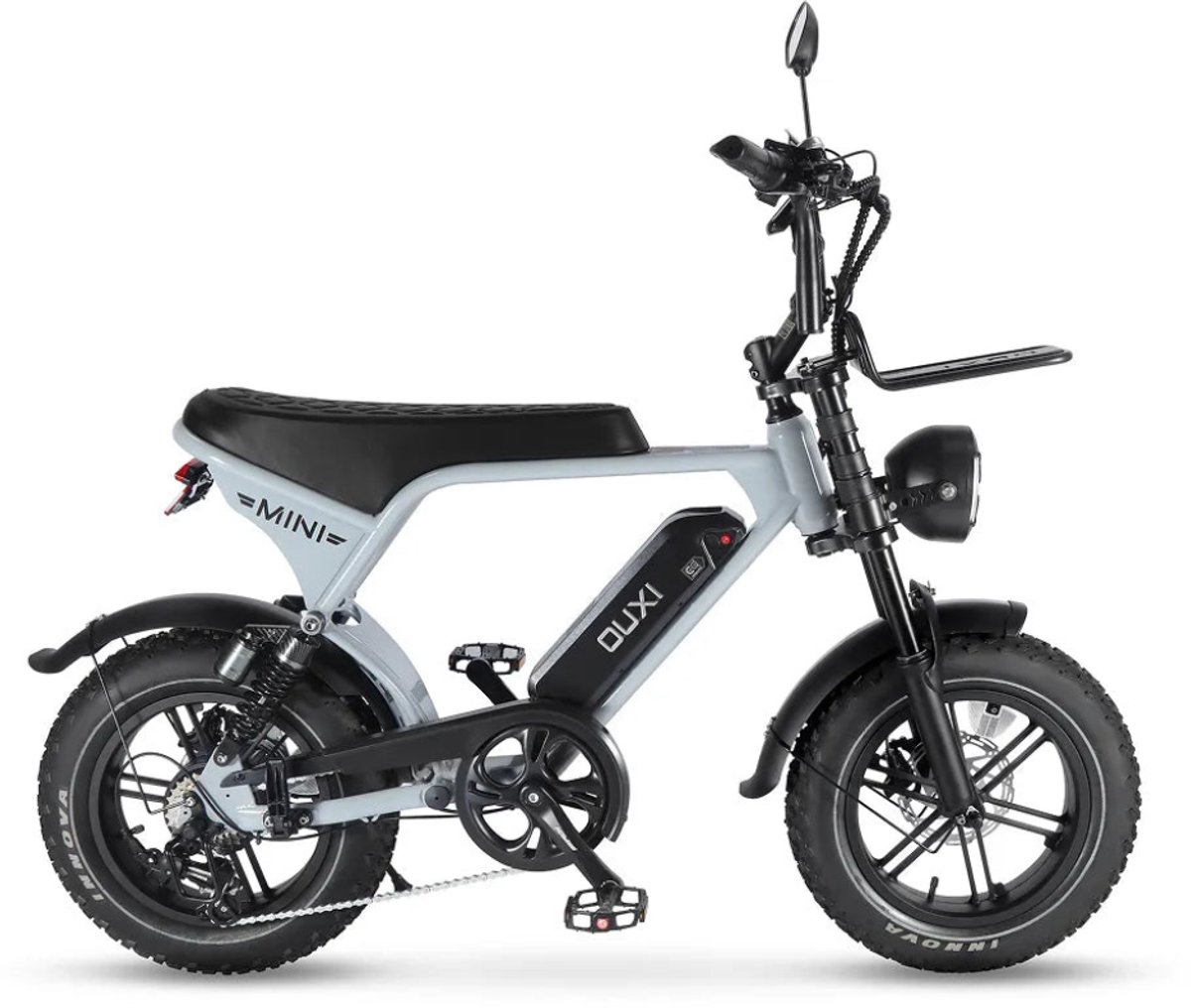 OUXI V8 Ultra Mini Elektrische Fatbike - Ingebouwd Alarmsysteem - Inclusief Voetsteuntjes - Inclusief Voorrekje -16 Inch - 250W Motor - 7 Versnellingen - 50 km Actieradius - Mechanische Schijfremmen - Lichtgrijs (6152307029049)