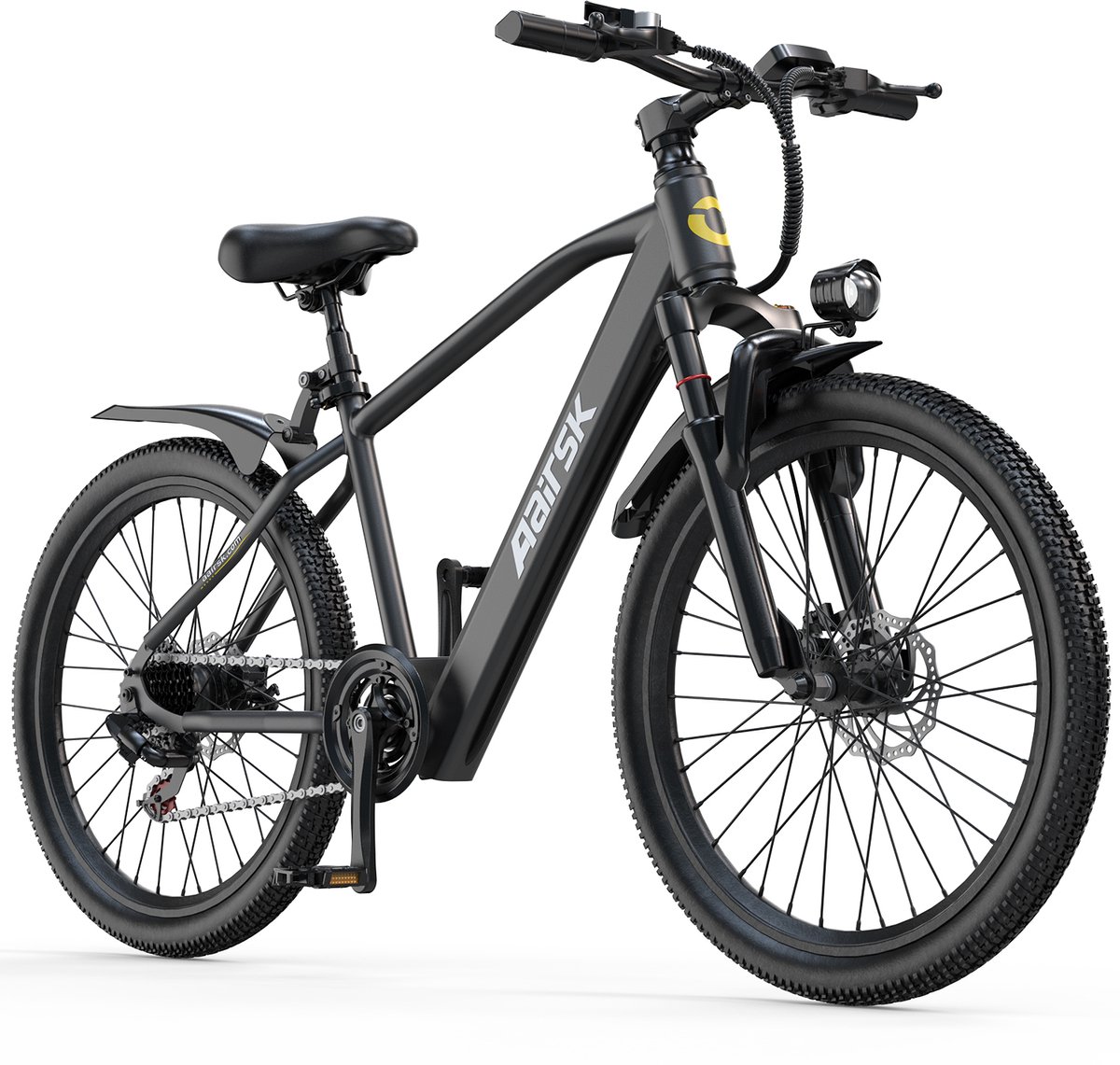 Aairsk Elektrische Fiets 26 Inch - EU-conforme 250W trapondersteuning tot 25 km/u - 36V 10Ah accu met actieradius tot 55 km - Shimano 7-versnelling en NFC startfunctie - LCD-display en LED-voorlamp - Ontworpen voor dagelijkse mobiliteit - Zwart (6978283815281)