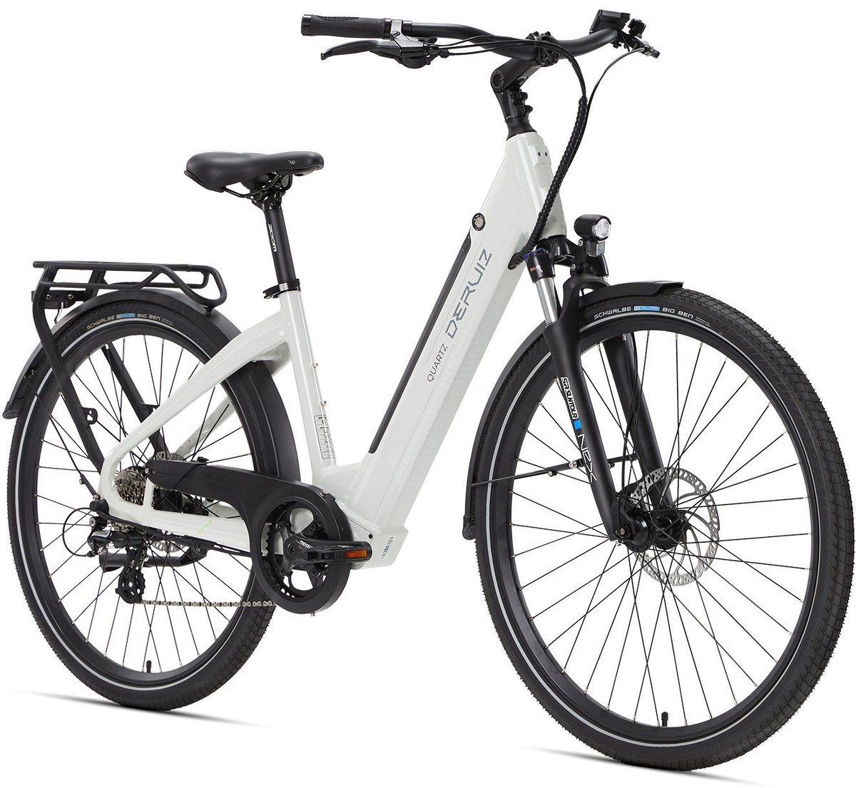 Elektrische Fiets Deruiz Quartz - Elektrische Stadsfiets -161 km Actieradius - 644Wh - 28 inch - Shimano 8 Versnellingen - Vering - Verwijderbare Accu - App & Bluetooth - LCD Display - Wit (9344418673762)