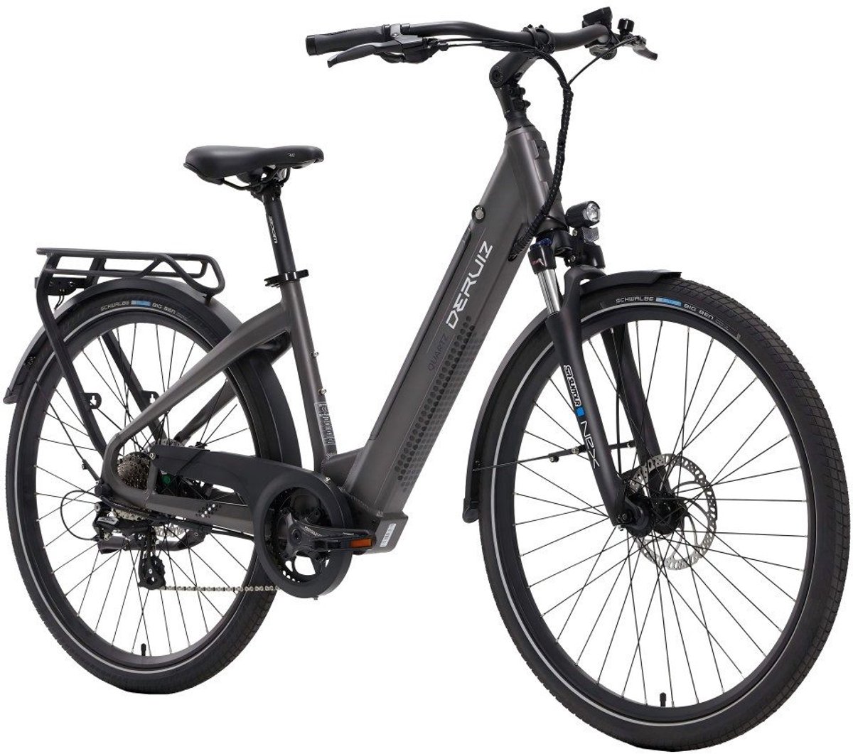 Elektrische Fiets Deruiz Quartz - Elektrische Stadsfiets -161 km Actieradius - 644Wh - 28 inch - Shimano 8 Versnellingen - Vering - Verwijderbare Accu - App & Bluetooth - LCD Display - Grijs (9344418673779)