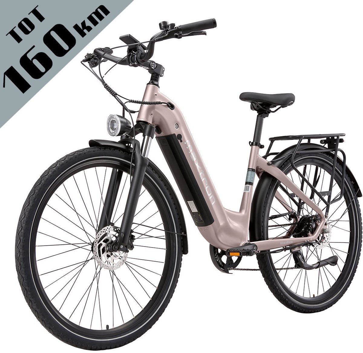 Maxtron Marathon Elektrische Fiets - 810Wh Accu - Actieradius tot 160 km - 700C×50C Banden - Shimano 7 Versnellingen - Verende Voorvork met Lock-out (Aluminium) - Mechanische Schijfremmen - Stadsfiets - Max. Belastbaar 120 kg - Goud (0717544481232)
