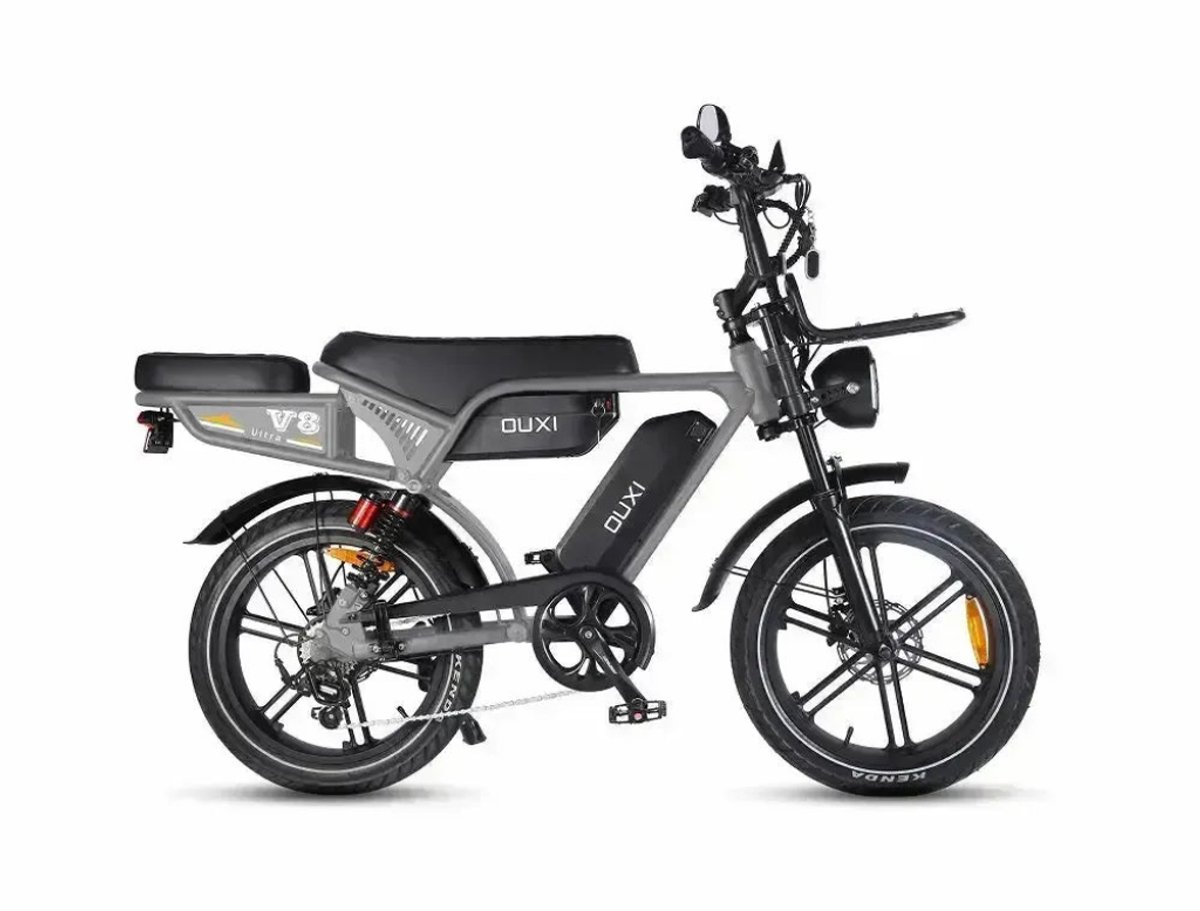 OUXI V8 Ultra Max Elektrische Fatbike - Ingebouwd Alarmsystseem - Inclusief Achterzitje - Inclusief Voorrekje - NFC-chip - 20 Inch - 250W Motor - 7 Versnellingen - 120 km Actieradius - Hydraulische Schijfremmen - Grijs (6152308290226)
