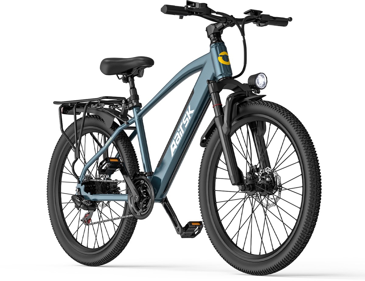 Aairsk Elektrische Fiets 26 inch - 250W EU-conform, 25 km/h - 36V 13Ah accu (75 km actieradius) - Shimano 7 versnellingen + NFC start - LCD en LED voorlamp - Complete fiets, direct klaar voor gebruik - Blauw (6978283815328)